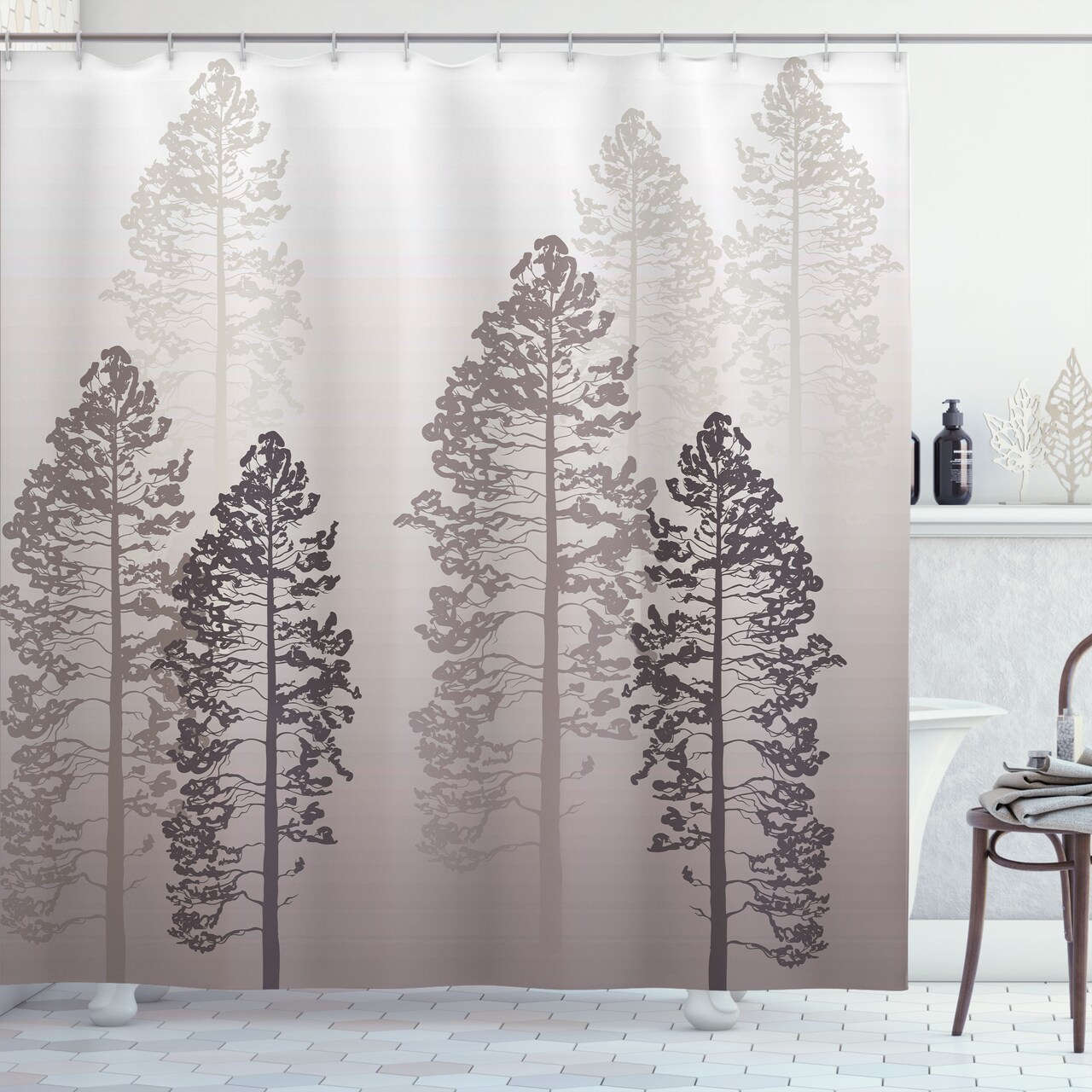 Ambesonne Farmhouse Style Bathroom Decor Shower Curtain Set with Hooks Pine Trees in The Forest on Foggy Ombre Wildlife Adventure Artwork 100% Polyester Cloth Washable Fabric 69" W x 70" L Warm Taupe